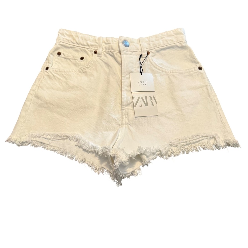 NEW Zara White Denim High Waisted Frayed Hem Cut Off Shorts Size 4 US